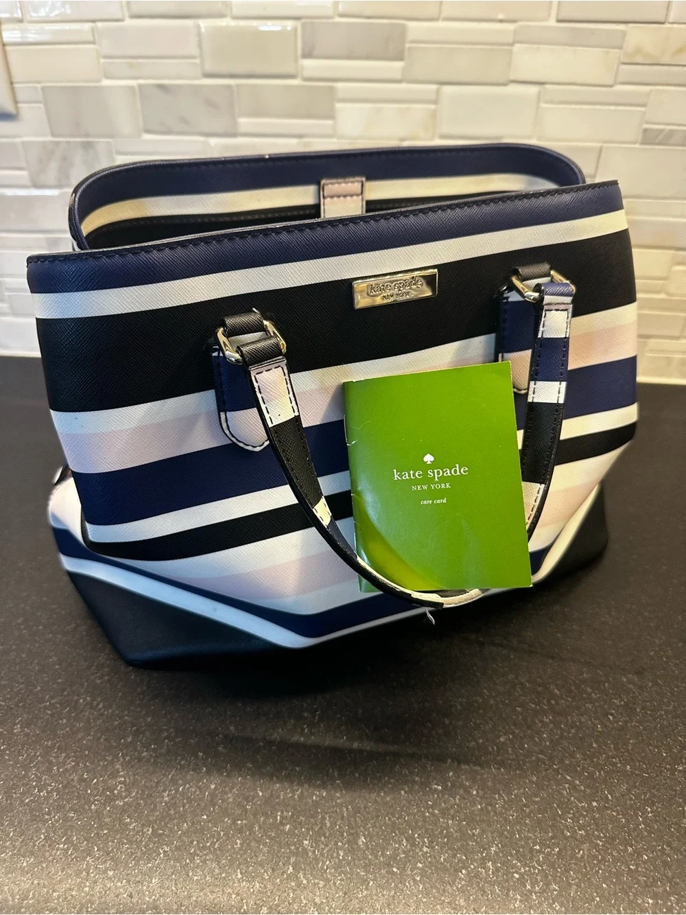 kate spade Navy, White & Light Pink Striped Satchel